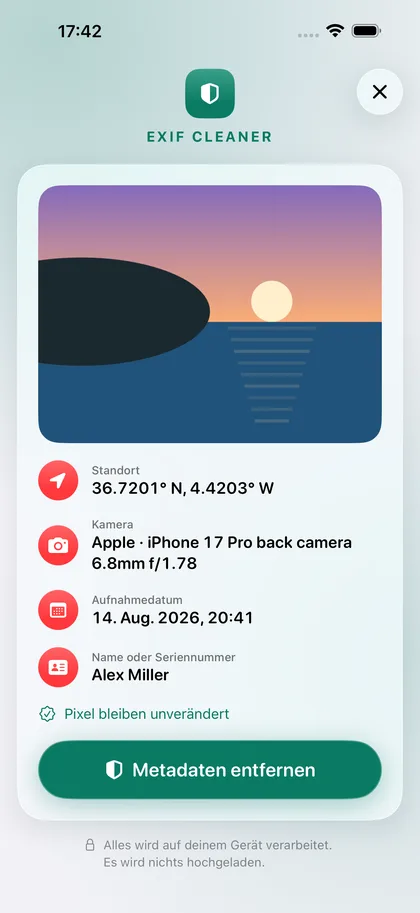 EXIF Cleaner – Metadaten entfernt, Bild unverändert.