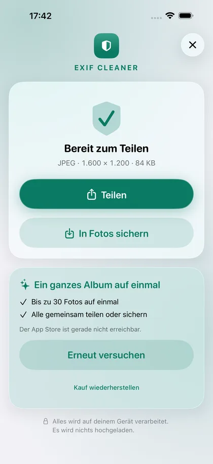 EXIF Cleaner – Die bereinigte Kopie zum Teilen.