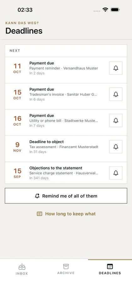 Kann das weg? – Every deadline in one list.