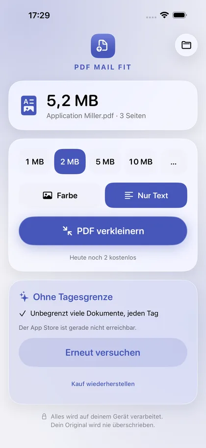 PDF Mail Fit – Zielgröße wählen, Text bleibt scharf.