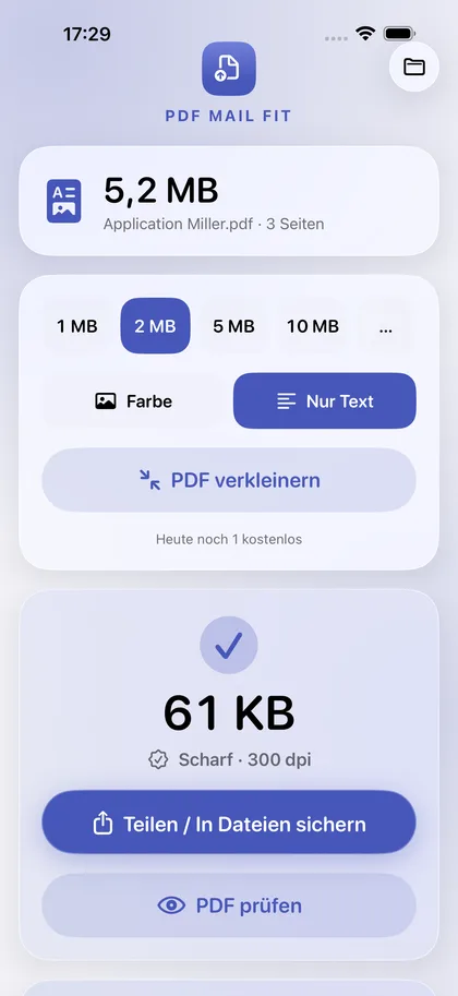 PDF Mail Fit – Passt, mit Angabe der Lesbarkeit.