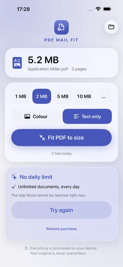 PDF Mail Fit – Pick a target size, text stays sharp.