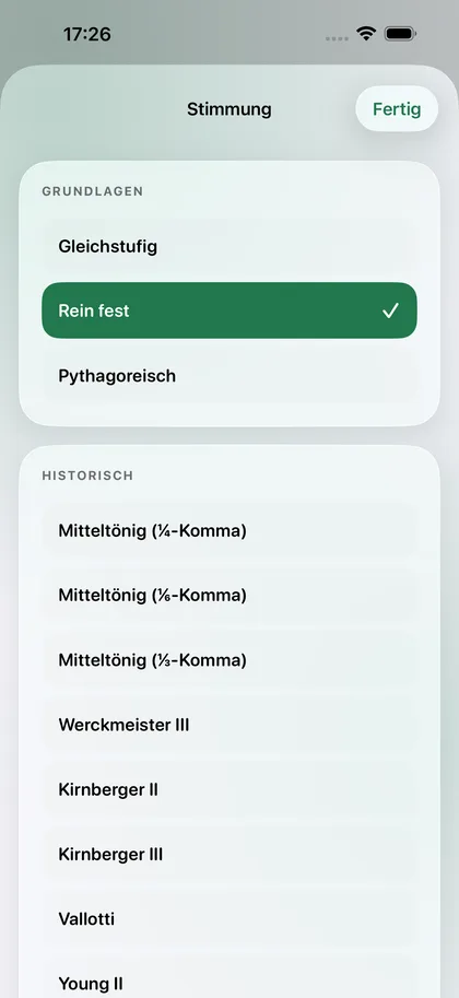 Pure Tuner – Stimmungen, nach Familien geordnet.