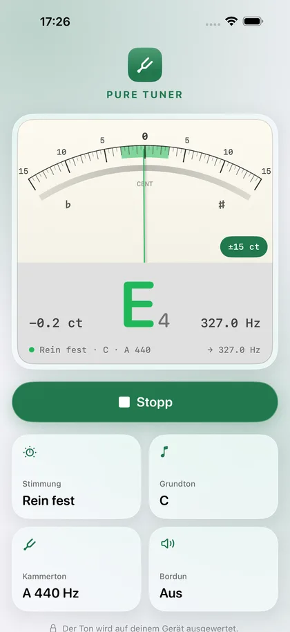 Pure Tuner – Feinansicht mit ±15 Cent.