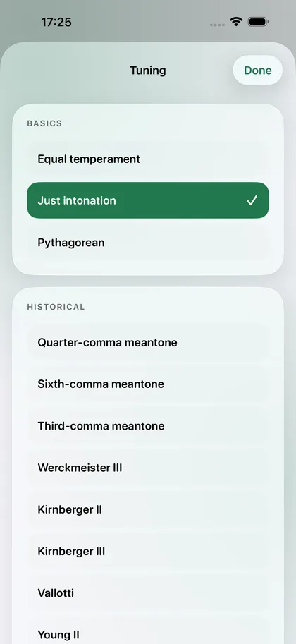 Pure Tuner – Tunings, grouped in families.