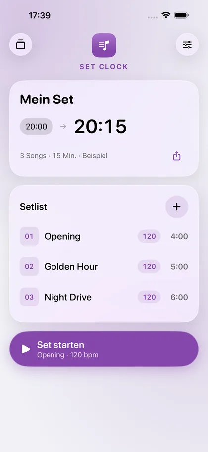 Set Clock – Die Setlist mit Längen und Tempo.