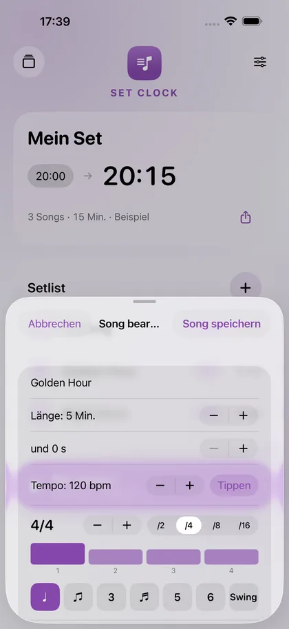 Set Clock – Tempo, Taktart und Songablauf.