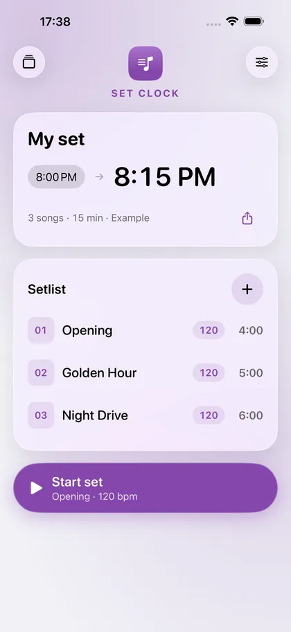 Set Clock – The setlist with lengths and tempo.