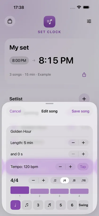 Set Clock – Tempo, time signature and structure.