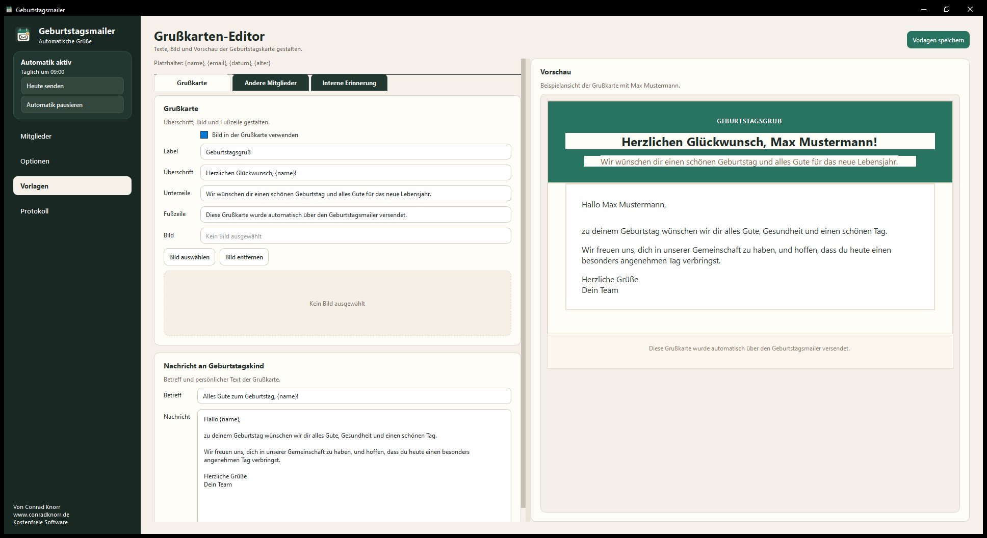 Geburtstagsmailer Oberfläche mit Grußkarten-Editor und Vorschau
