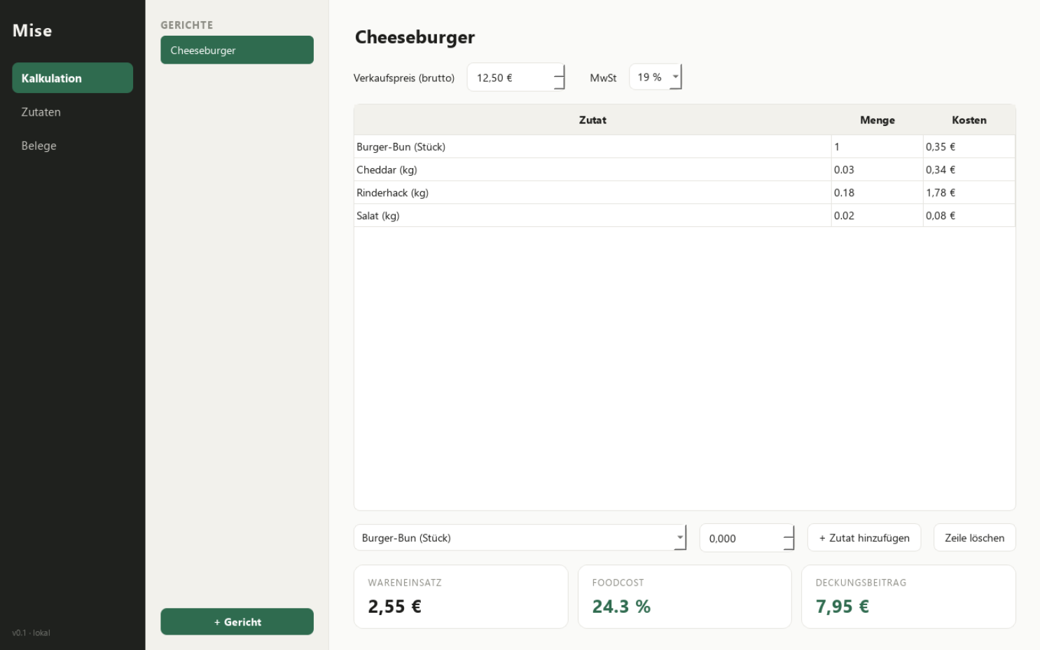 Mise Oberfläche zur Gastro-Kalkulation von Zutaten und Gerichten